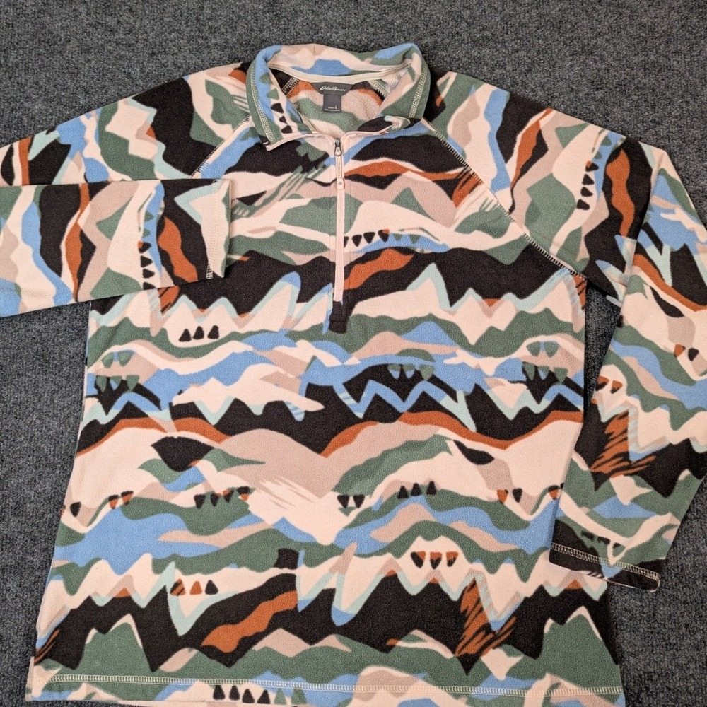 Eddie Bauer Womens Large Fleece Pullover Quarter Zip Mountain Print Multicolor
